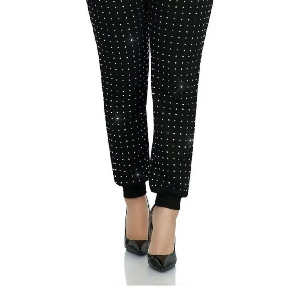 Kosmios Black Rhinestone Studded Two-Piece Sweatsuit | Top M / Pants L